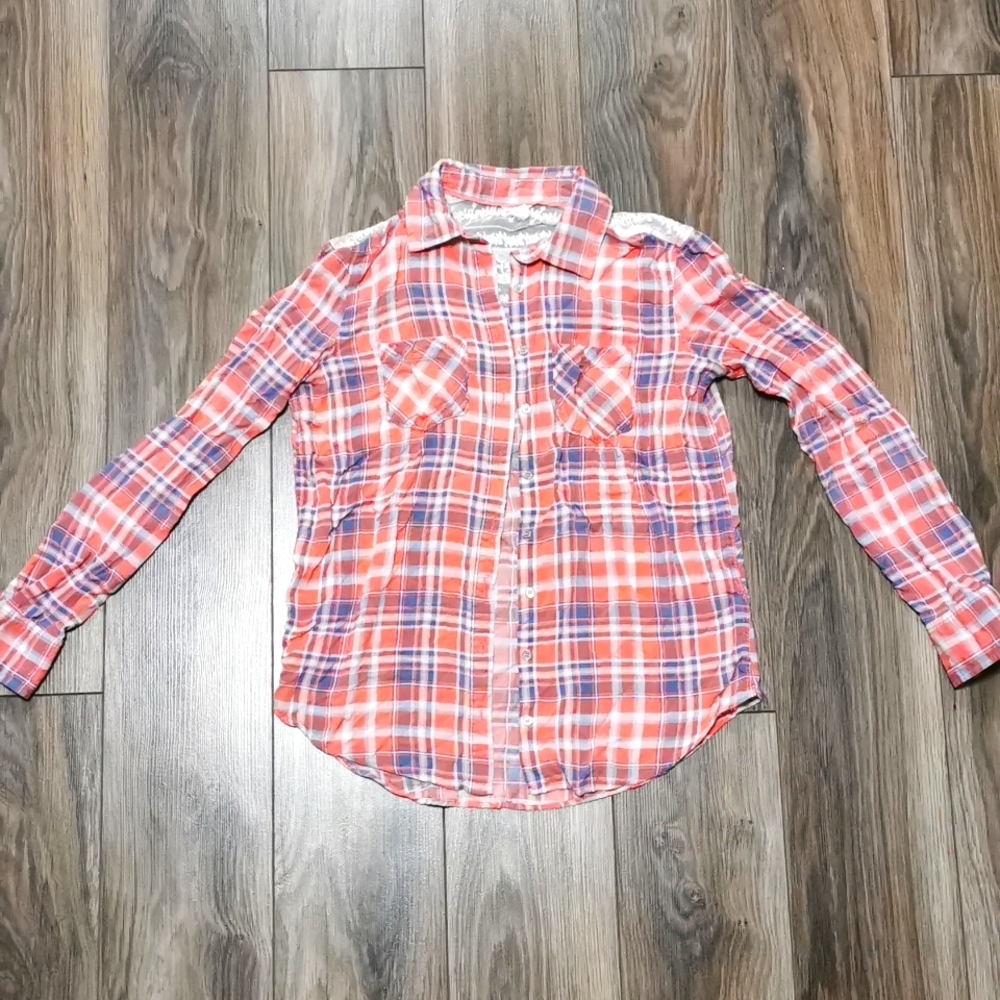Aeropostale 100% Rayon Plaid Button Up Shirt with Lace Yoke, Size Small